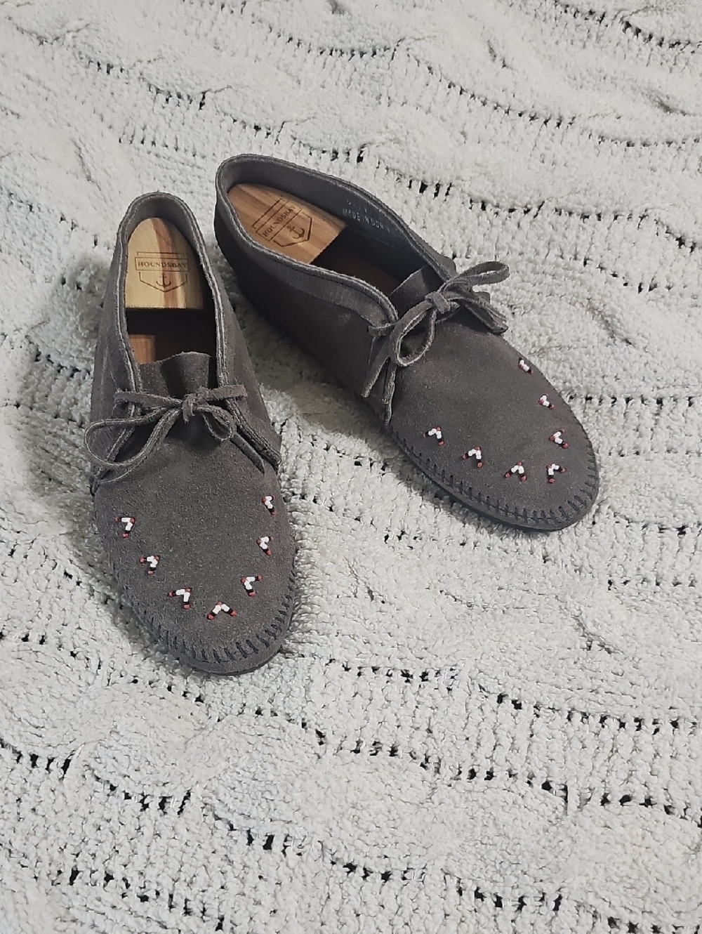 Minnetonka Gray Suede Moccasins with Red, Black, And White Beaded Accents